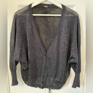 Free People Trinity Black Shimmer Metallic Silver Sparkly Cardigan V Neck Size L